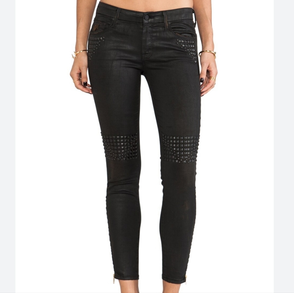 MOTHER Looker ankle zip “Play Dirty”studded black distressed jeans